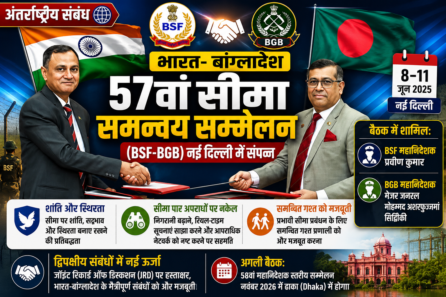 भारत और बांग्लादेश ने सीमा पर शांति बनाए रखने की प्रतिबद्धता दोहराई: 57वां BSF-BGB सम्मेलन