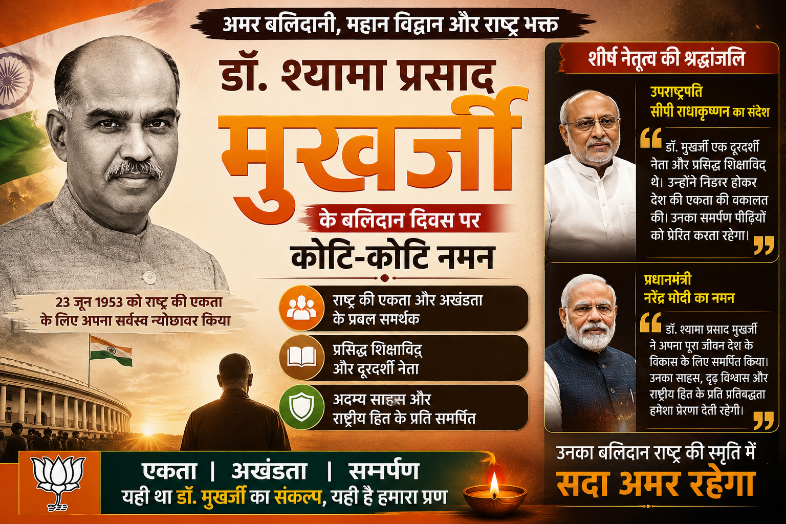 उपराष्ट्रपति सीपी राधाकृष्णन और पीएम मोदी ने डॉ. श्यामा प्रसाद मुखर्जी के बलिदान दिवस पर उन्हें दी श्रद्धांजलि