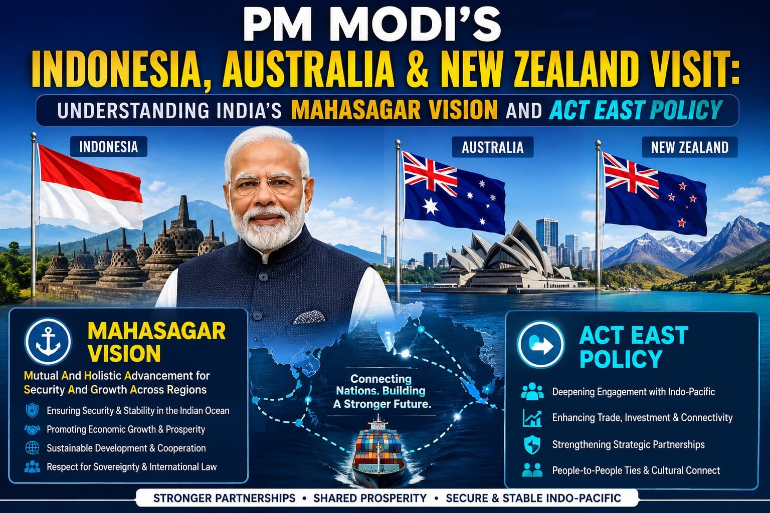 प्रधानमंत्री मोदी की इंडोनेशिया, ऑस्ट्रेलिया और न्यूज़ीलैंड यात्रा: क्या है भारत का MAHASAGAR विज़न और Act East Policy?