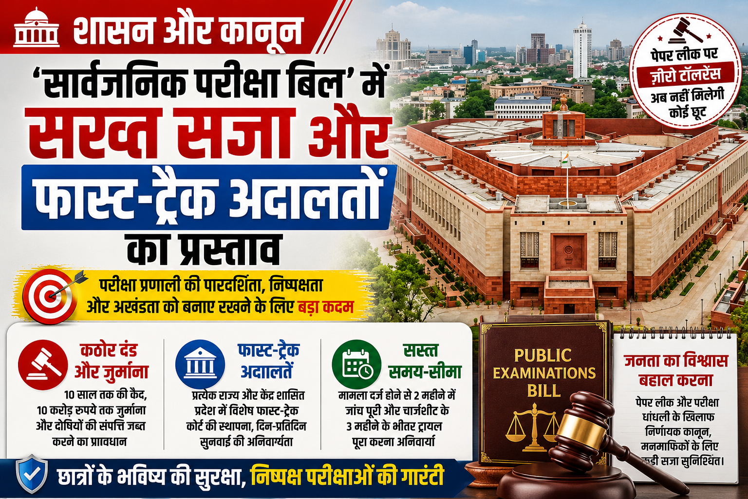शासन और कानून: 'सार्वजनिक परीक्षा बिल' में पेपर लीक पर 10 साल की जेल और फास्ट-ट्रैक ट्रायल का प्रस्ताव