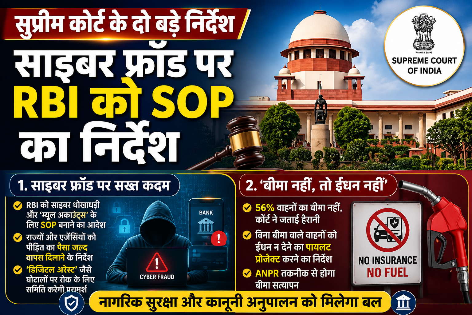 शासन और कानून: सुप्रीम कोर्ट का RBI को साइबर फ्रॉड पर SOP बनाने का निर्देश; 'बिना बीमा, नहीं मिलेगा पेट्रोल' का प्रस्ताव
