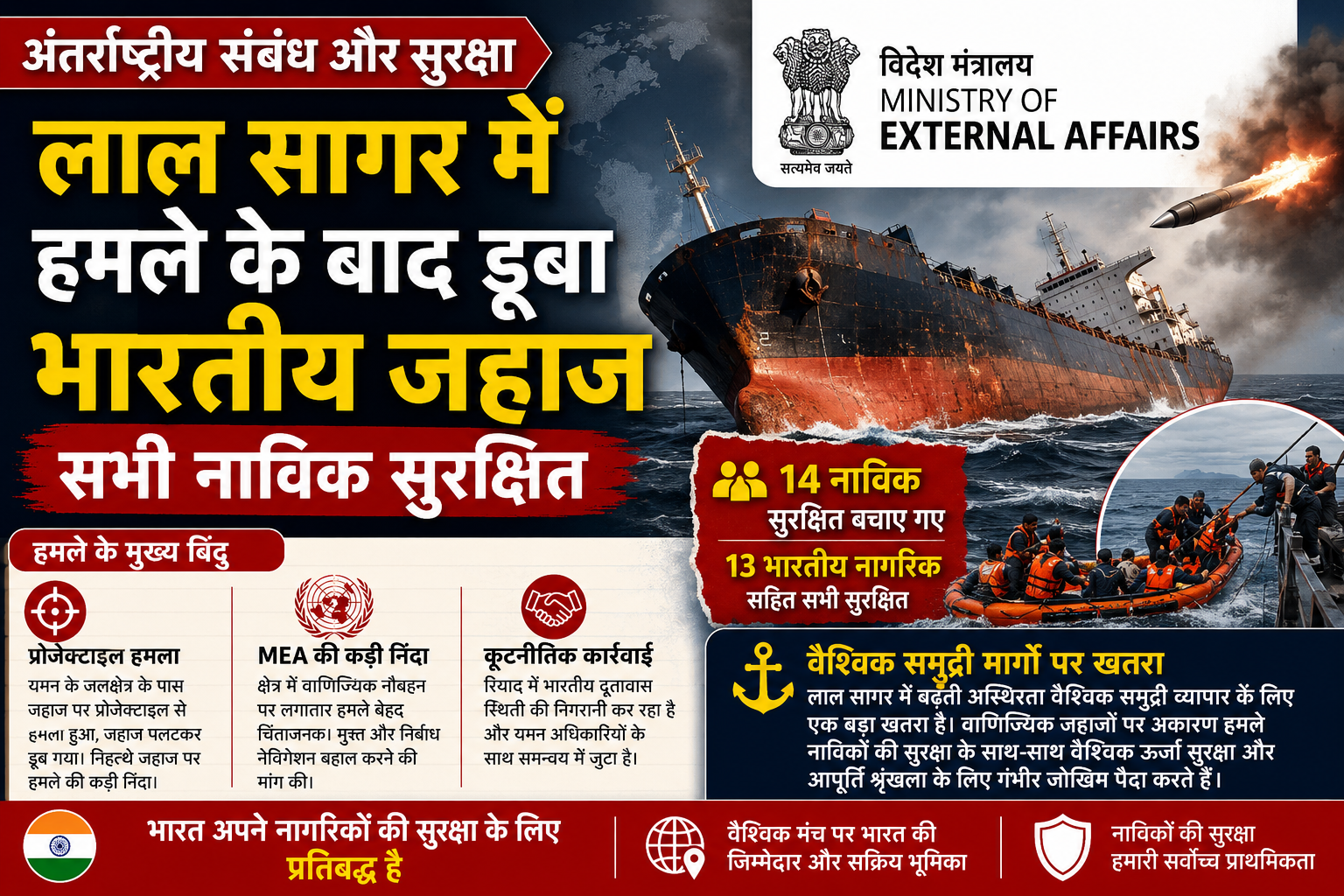 अंतर्राष्ट्रीय संबंध और सुरक्षा: लाल सागर में हमले के बाद डूबा भारतीय जहाज; सभी 13 भारतीय नाविक सुरक्षित