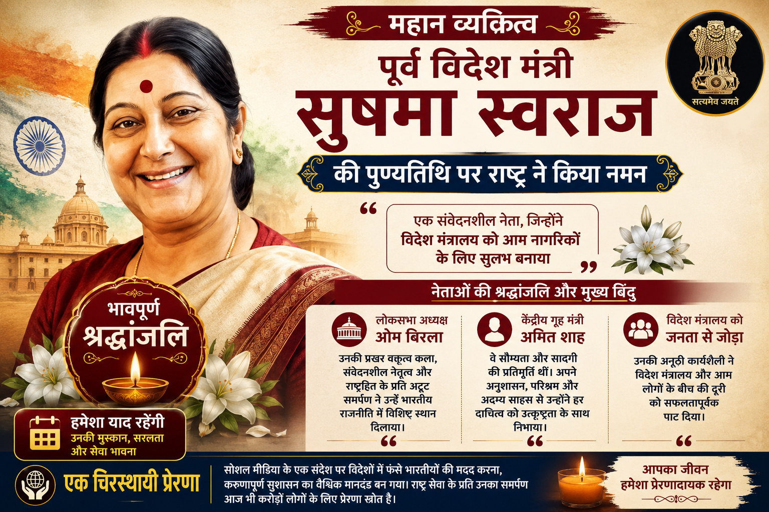 महान व्यक्तित्व और विरासत: पूर्व विदेश मंत्री सुषमा स्वराज की पुण्यतिथि पर राष्ट्र ने दी श्रद्धांजलि