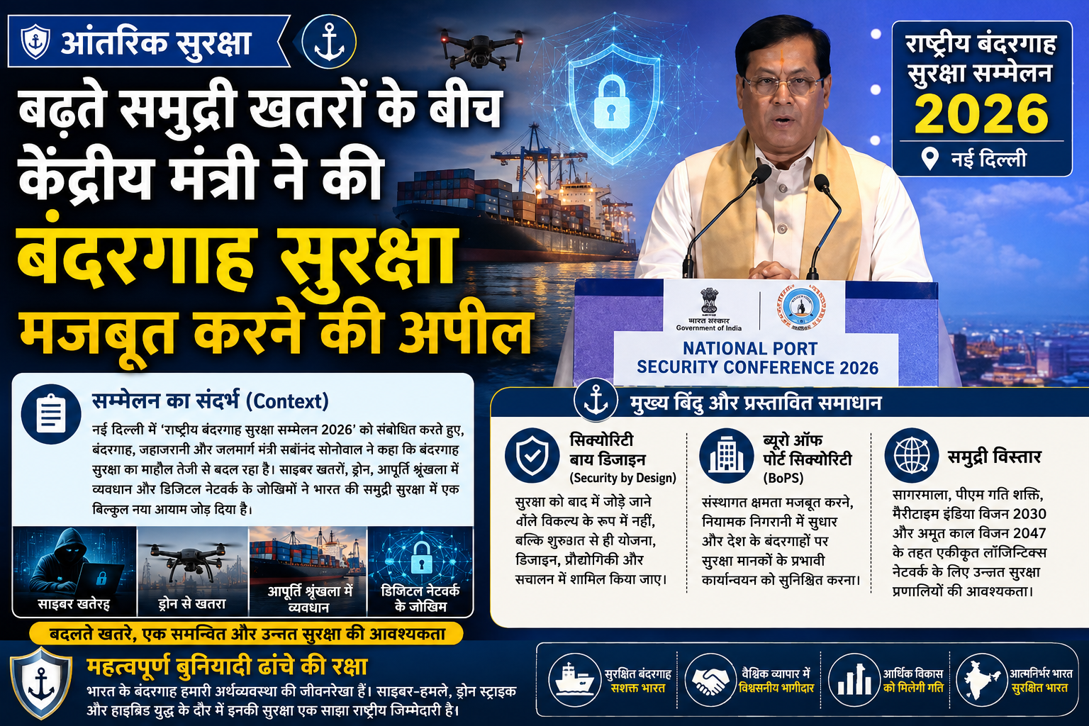 आंतरिक सुरक्षा और बुनियादी ढांचा: समुद्री खतरों के बीच मंत्री सर्बानंद सोनोवाल ने की बंदरगाह सुरक्षा मजबूत करने की अपील