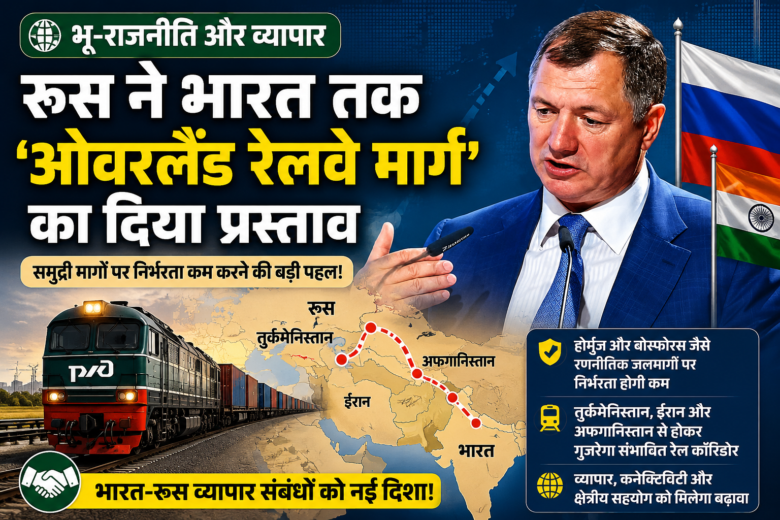 भू-राजनीति और व्यापार: रूस ने रणनीतिक समुद्री मार्गों पर निर्भरता कम करने के लिए भारत तक 'रेलवे मार्ग' का दिया प्रस्ताव