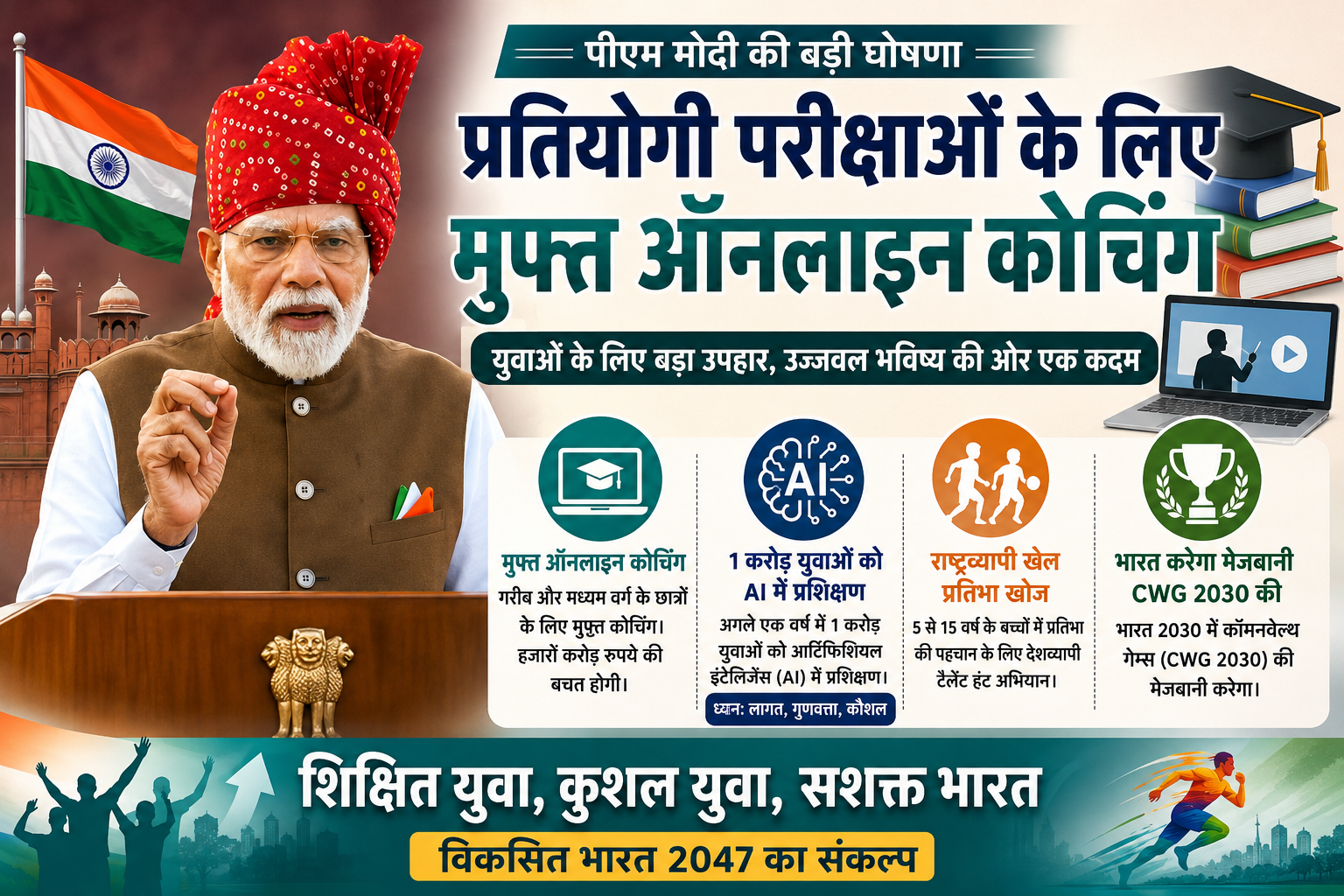 शासन और शिक्षा: पीएम मोदी ने प्रतियोगी परीक्षाओं की तैयारी के लिए मुफ्त ऑनलाइन कोचिंग की घोषणा की