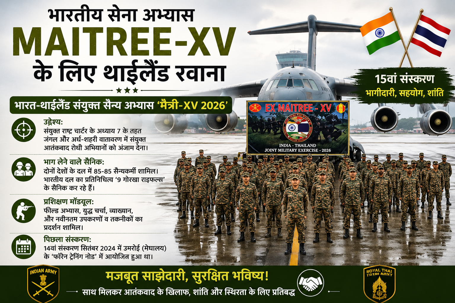 रक्षा और अंतर्राष्ट्रीय संबंध: भारतीय सेना संयुक्त सैन्य अभ्यास MAITREE-XV के लिए थाईलैंड रवाना